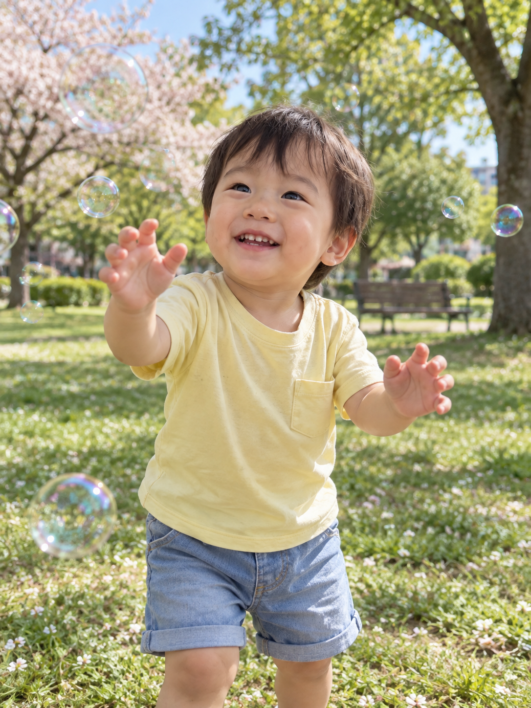 公園でシャボン玉に手を伸ばす子どものイメージ
